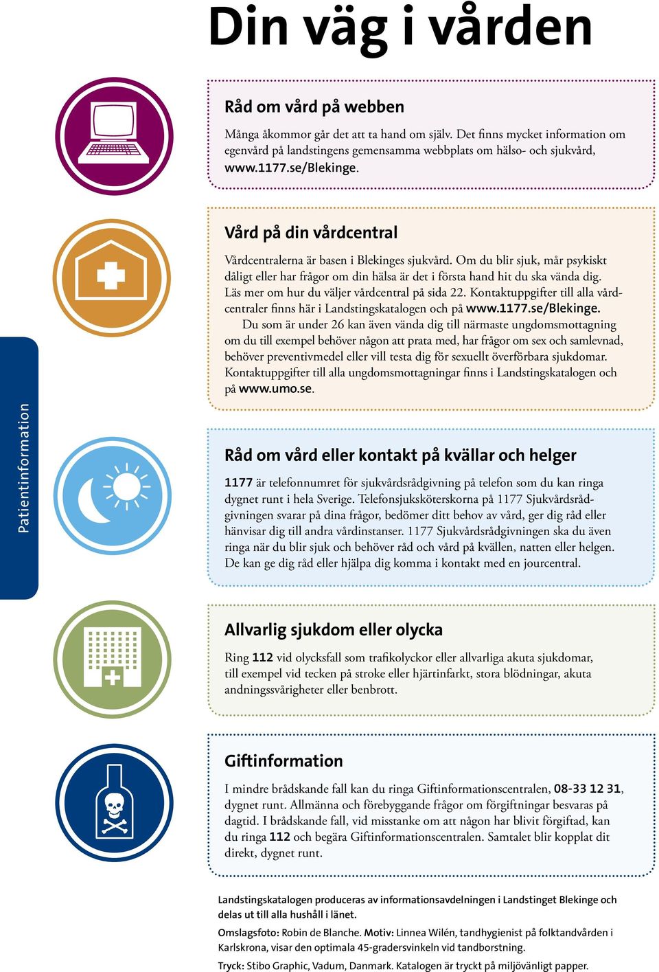 Läs mer om hur du väljer vårdcentral på sida 22. Kontaktuppgifter till alla vårdcentraler finns här i Landstingskatalogen och på www.1177.se/blekinge.