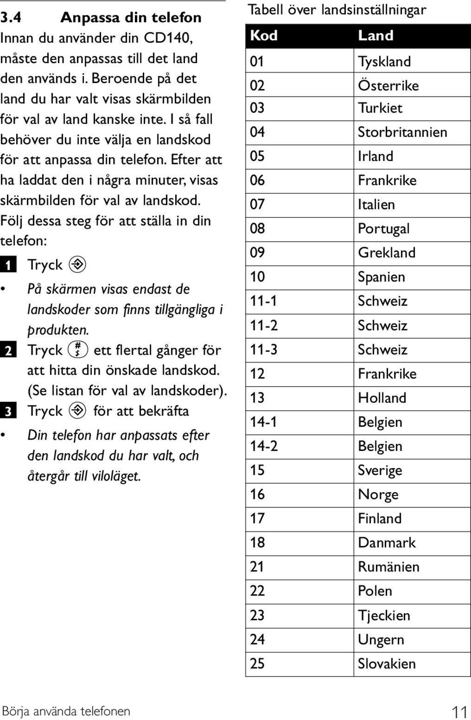 Följ dessa steg för att ställa in din telefon: På skärmen visas endast de landskoder som finns tillgängliga i produkten. 2 Tryck ett flertal gånger för att hitta din önskade landskod.