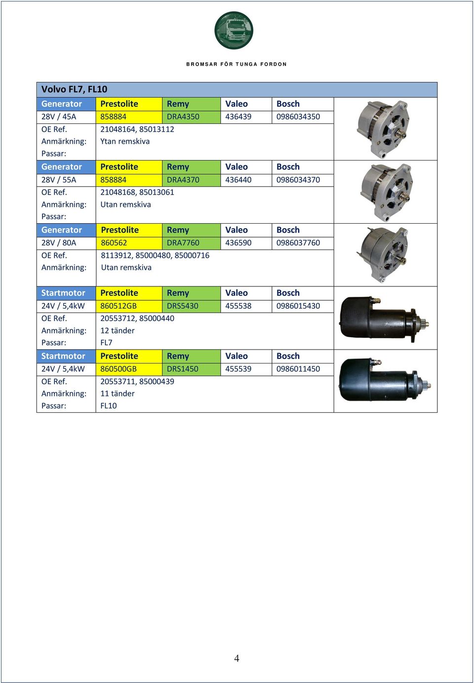 0986037760 8113912, 85000480, 85000716 24V / 5,4kW 860512GB DRS5430 455538 0986015430