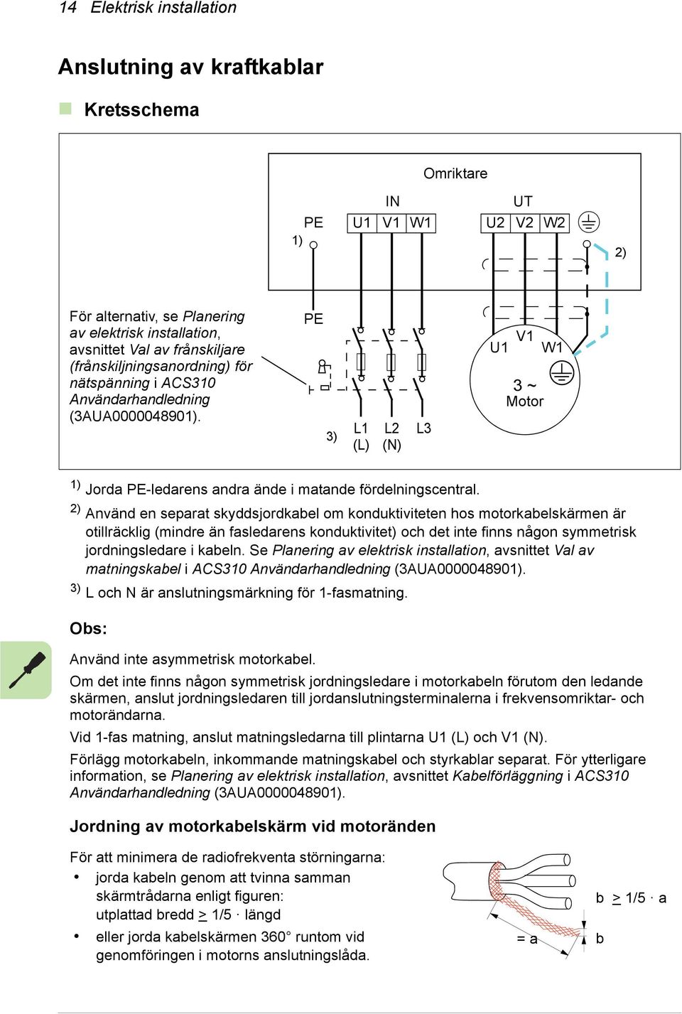 2) Använd en separat skyddsjordkabel om konduktiviteten hos motorkabelskärmen är otillräcklig (mindre än fasledarens konduktivitet) och det inte finns någon symmetrisk jordningsledare i kabeln.