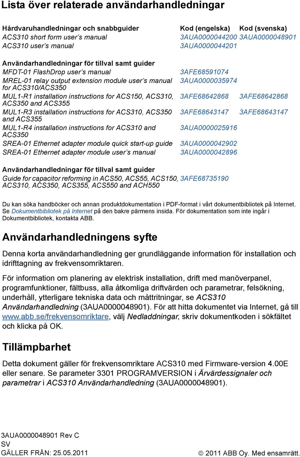 for ACS150, ACS310, ACS350 and ACS355 MUL1-R3 installation instructions for ACS310, ACS350 and ACS355 MUL1-R4 installation instructions for ACS310 and ACS350 SREA-01 Ethernet adapter module quick