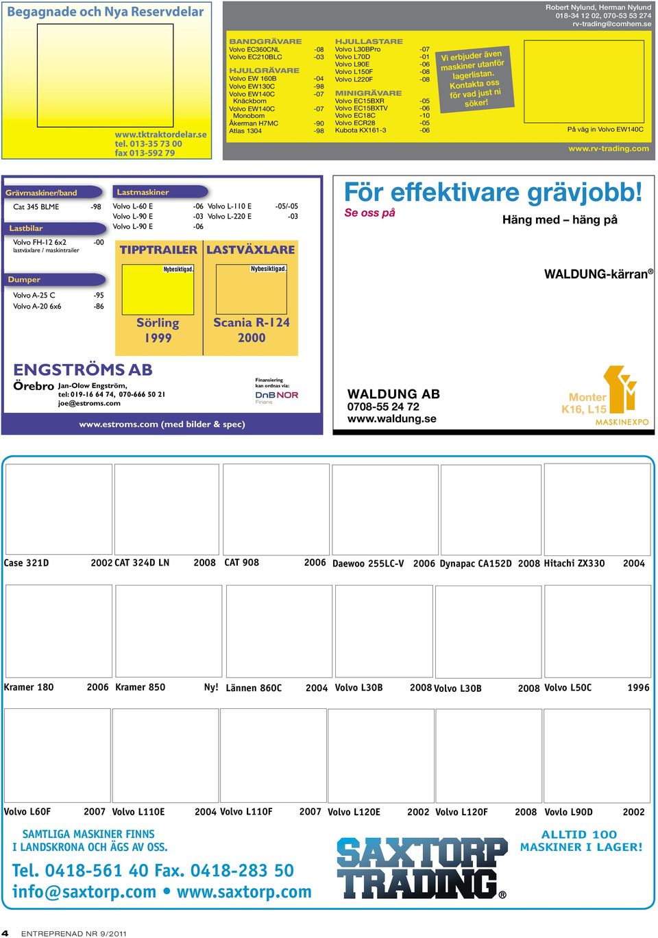 1304-98 HJULLASTARE Volvo L30BPro -07 Volvo L70D -01 Volvo L90E -06 Volvo L150F -08 Volvo L220F -08 MINIGRÄVARE Volvo EC15BXR -05 Volvo EC15BXTV -06 Volvo EC18C -10 Volvo ECR28-05 Kubota KX161-3 -06