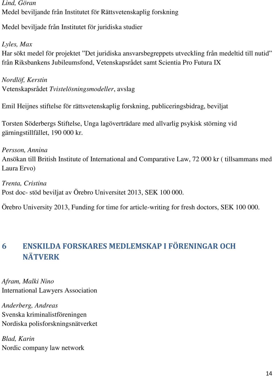 Heijnes stiftelse för rättsvetenskaplig forskning, publiceringsbidrag, beviljat Torsten Söderbergs Stiftelse, Unga lagöverträdare med allvarlig psykisk störning vid gärningstillfället, 190 000 kr.