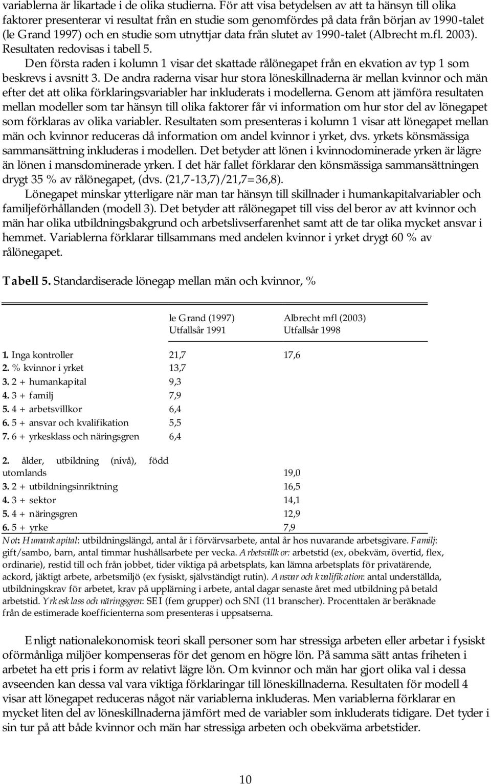 från slutet av 1990-talet (Albrecht m.fl. 2003). Resultaten redovisas i tabell 5. Den första raden i kolumn 1 visar det skattade rålönegapet från en ekvation av typ 1 som beskrevs i avsnitt 3.