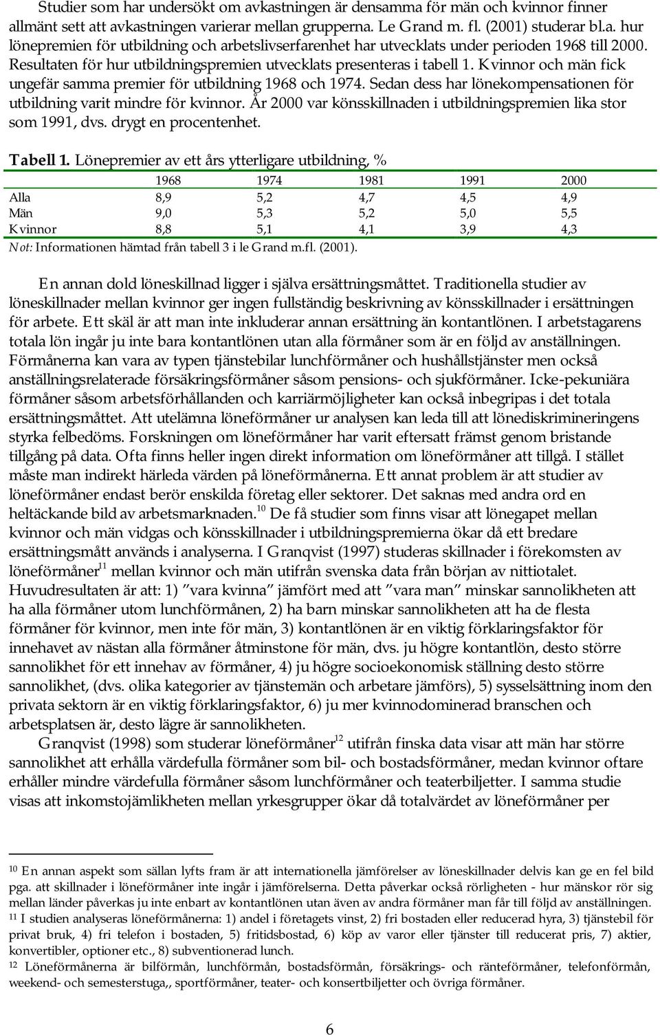 Sedan dess har lönekompensationen för utbildning varit mindre för kvinnor. År 2000 var könsskillnaden i utbildningspremien lika stor som 1991, dvs. drygt en procentenhet. Tabell 1.