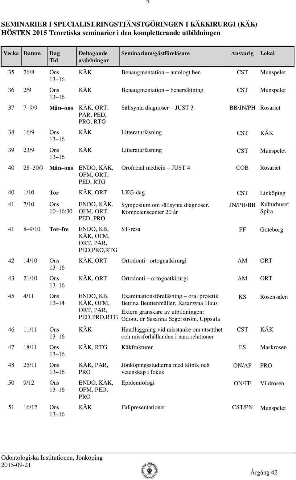 Litteraturläsning CST Munspelet 40 28 30/9 Mån ons PED, Orofacial medicin JUST 4 COB Rosariet 40 1/10 Tor KÄK, ORT L-dag CST Linköping 41 7/10 Ons 10 16:30 PED, Symposium om sällsynta diagnoser.