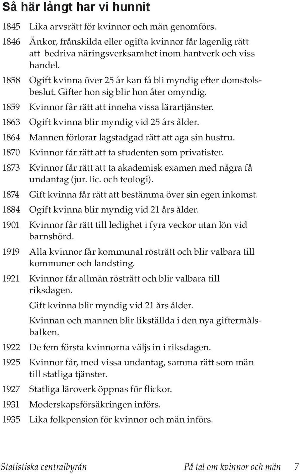 1863 Ogift kvinna blir myndig vid 25 års ålder. 1864 Mannen förlorar lagstadgad rätt att aga sin hustru. 1870 Kvinnor får rätt att ta studenten som privatister.