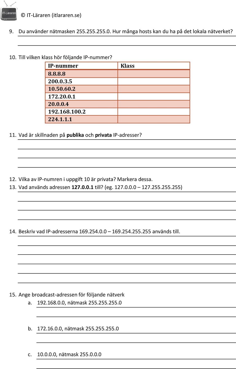 Vilka av IP-numren i uppgift 10 är privata? Markera dessa. 13. Vad används adressen 127.0.0.1 till? (eg. 127.0.0.0 127.255.255.255) 14.