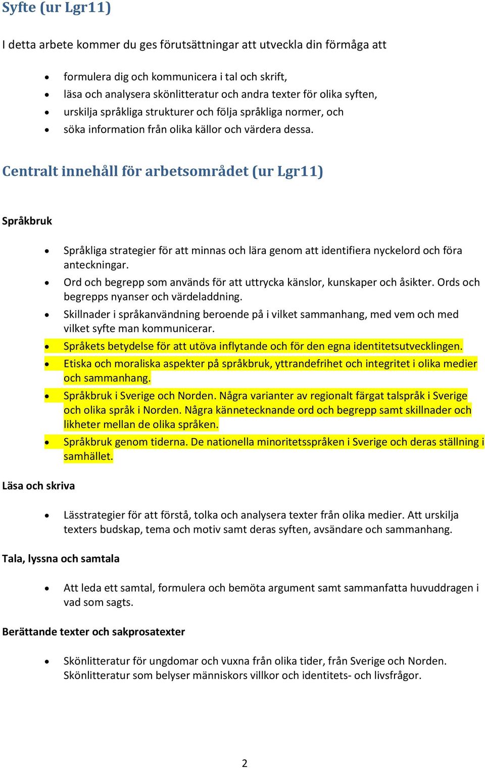 Centralt innehåll för arbetsområdet (ur Lgr11) Språkbruk Språkliga strategier för att minnas och lära genom att identifiera nyckelord och föra anteckningar.