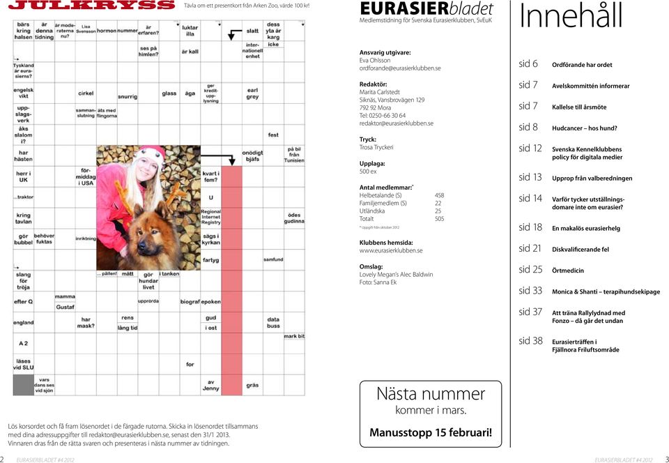 se Tryck: Trosa Tryckeri Upplaga: 500 ex Antal medlemmar: * Helbetalande (S) 458 Familjemedlem (S) 22 Utländska 25 Totalt 505 * Uppgift från oktober 2012 Klubbens hemsida: www.eurasierklubben.