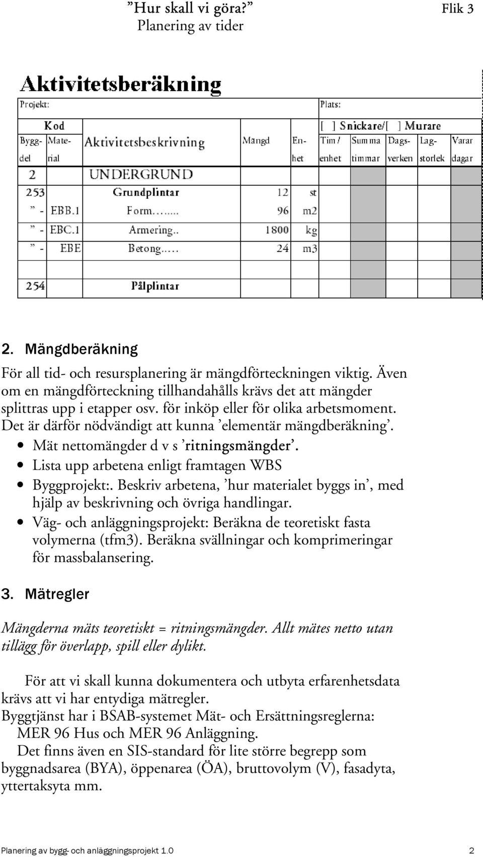 Mät nettomängder d v s ritningsmängder. Lista upp arbetena enligt framtagen WBS Byggprojekt:. Beskriv arbetena, hur materialet byggs in, med hjälp av beskrivning och övriga handlingar.