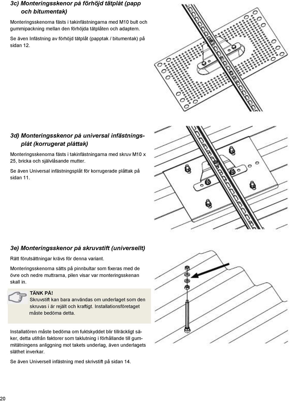 3d) Monteringsskenor på universal infästningsplåt (korrugerat plåttak) Monteringsskenorna fästs i takinfästningarna med skruv M10 x 25, bricka och självlåsande mutter.