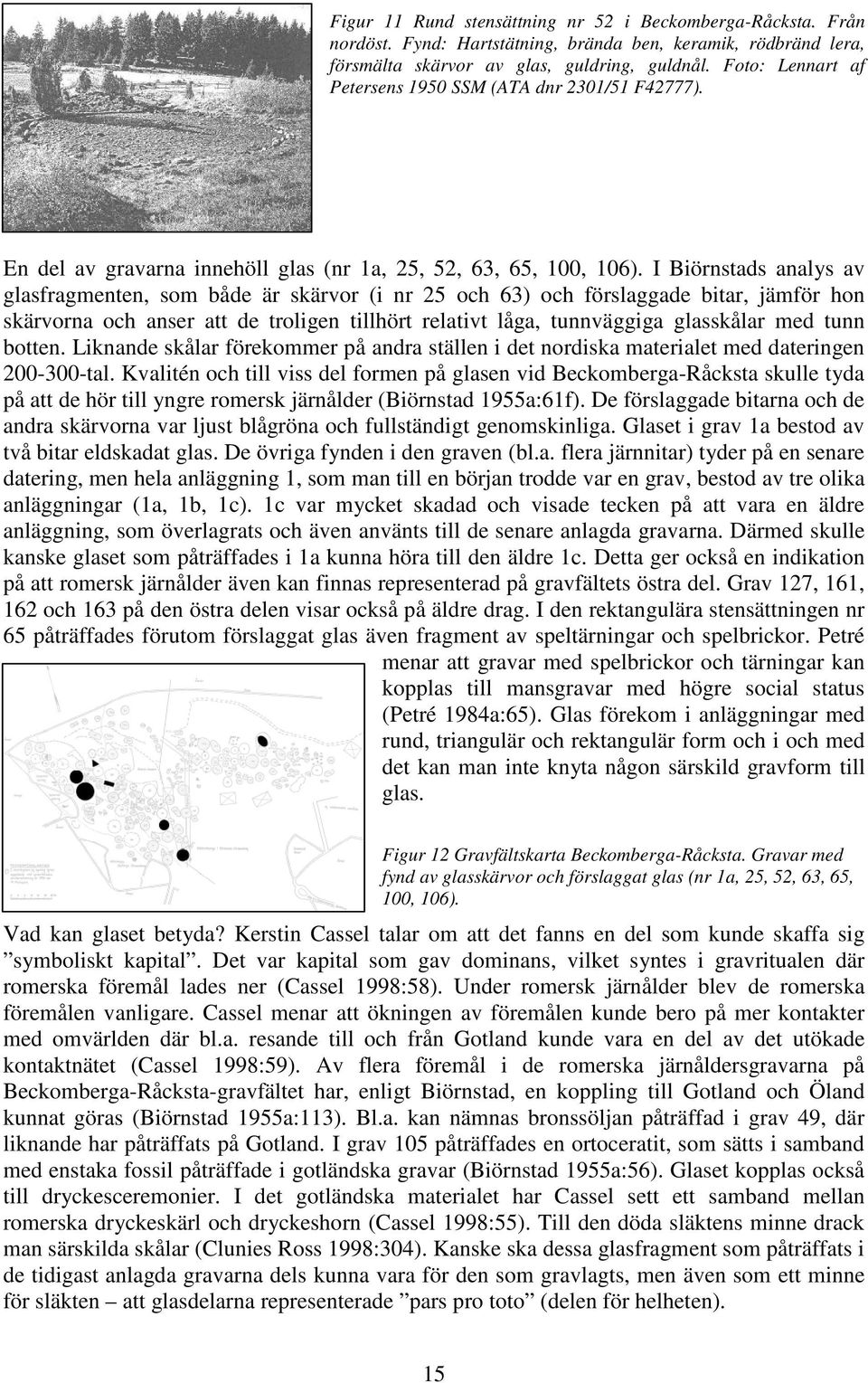 I Biörnstads analys av glasfragmenten, som både är skärvor (i nr 25 och 63) och förslaggade bitar, jämför hon skärvorna och anser att de troligen tillhört relativt låga, tunnväggiga glasskålar med