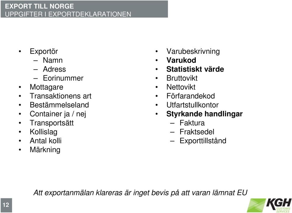 Varubeskrivning Varukod Statistiskt värde Bruttovikt Nettovikt Förfarandekod Utfartstullkontor