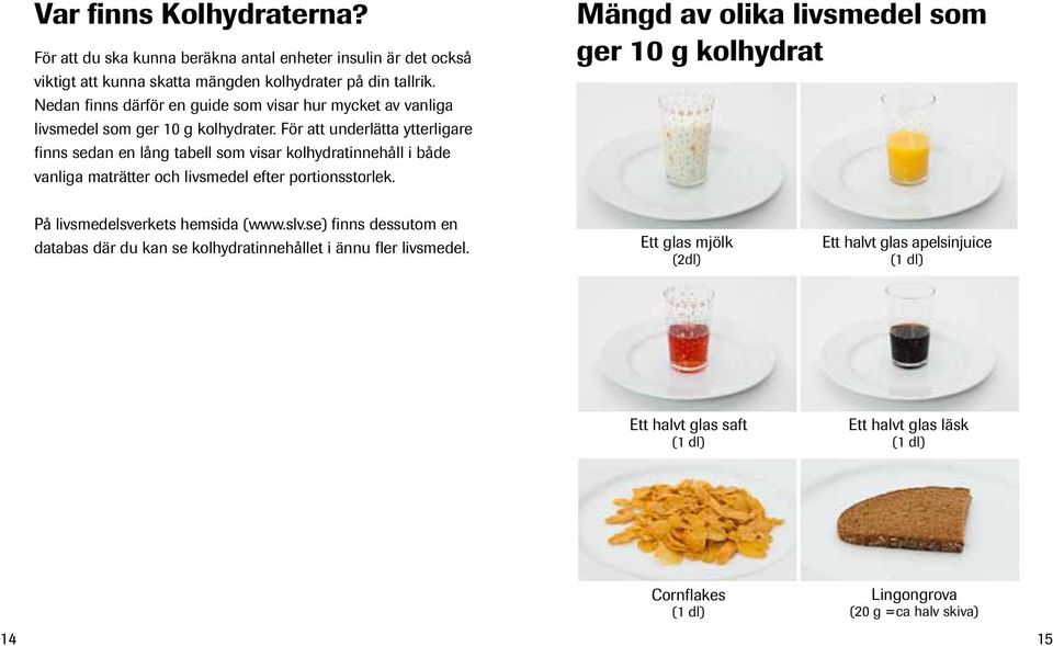 För att underlätta ytterligare finns sedan en lång tabell som visar kolhydratinnehåll i både vanliga maträtter och livsmedel efter portionsstorlek.