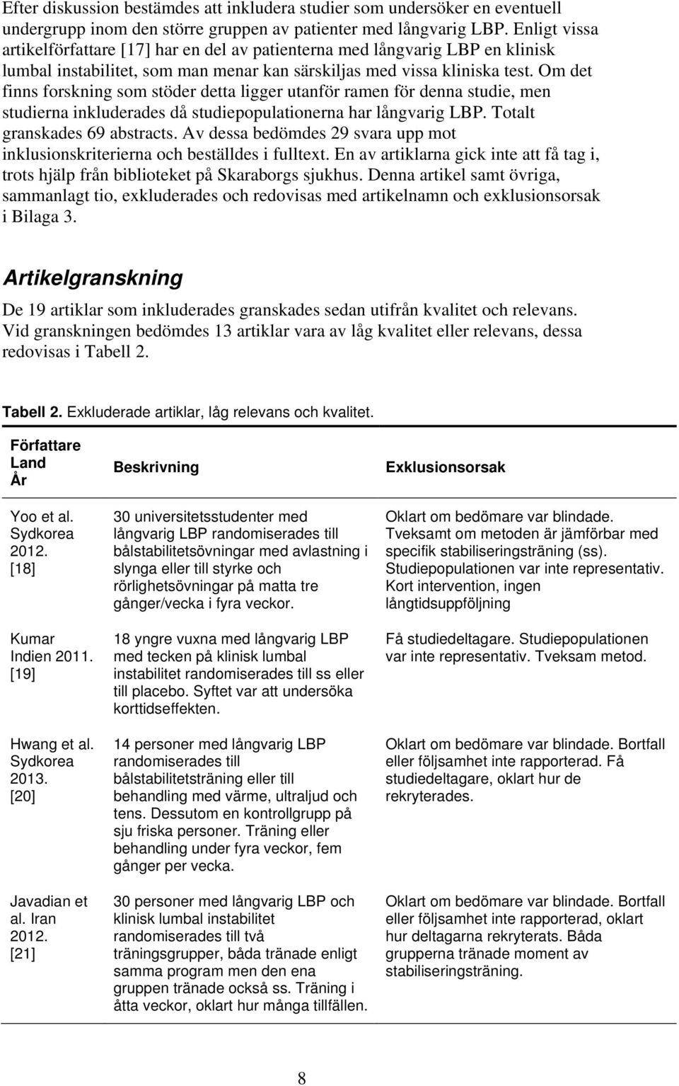 Om det finns forskning som stöder detta ligger utanför ramen för denna studie, men studierna inkluderades då studiepopulationerna har långvarig LBP. Totalt granskades 69 abstracts.