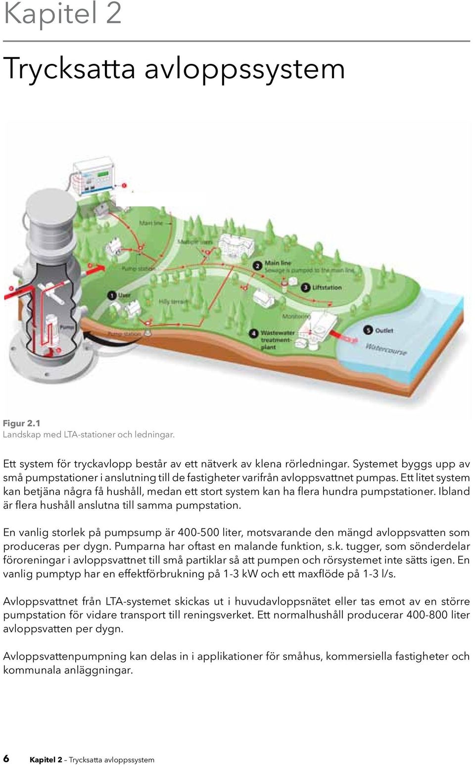 Ett litet system kan betjäna några få hushåll, medan ett stort system kan ha flera hundra pumpstationer. Ibland är flera hushåll anslutna till samma pumpstation.