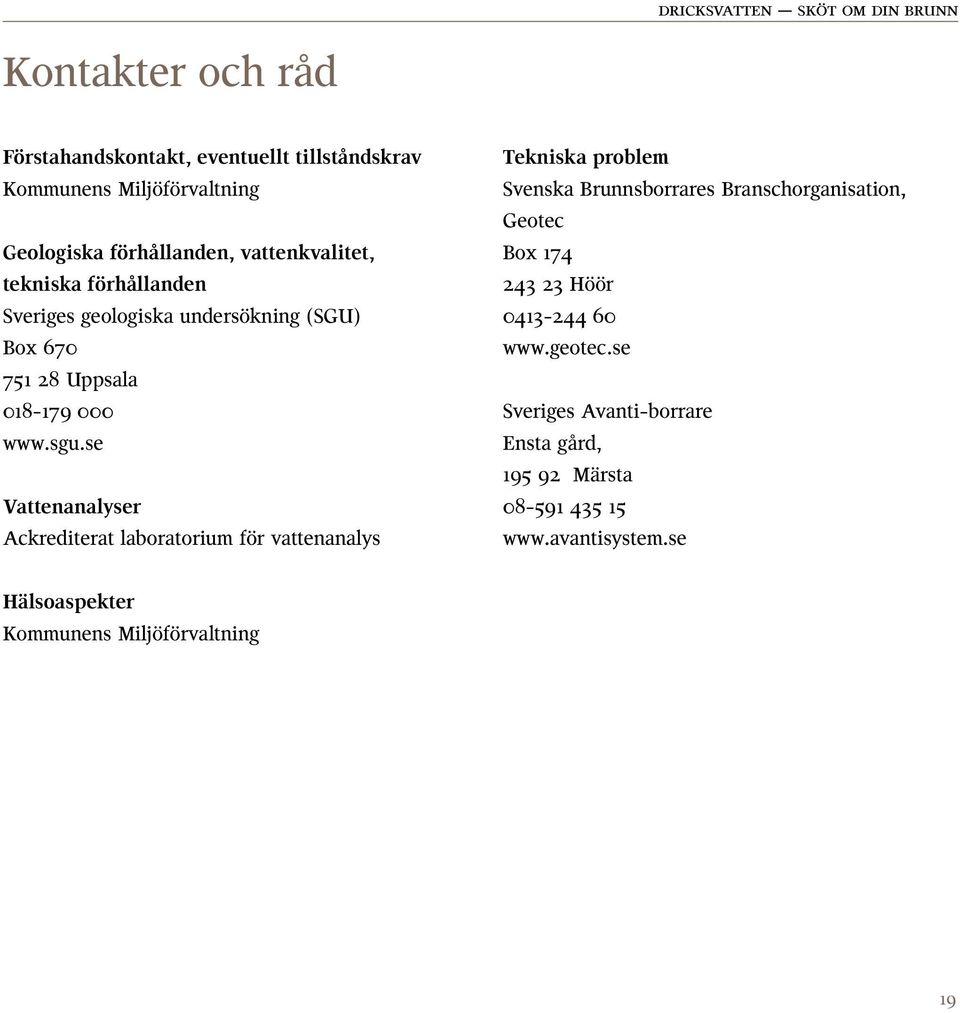 se Vattenanalyser Ackrediterat laboratorium för vattenanalys Tekniska problem Svenska Brunnsborrares Branschorganisation, Geotec Box 174 243