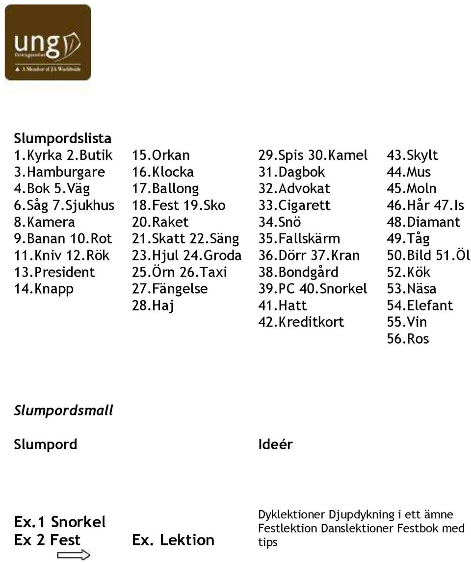 Fallskärm 36.Dörr 37.Kran 38.Bondgård 39.PC 40.Snorkel 41.Hatt 42.Kreditkort 43.Skylt 44.Mus 45.Moln 46.Hår 47.Is 48.Diamant 49.Tåg 50.Bild 51.Öl 52.Kök 53.