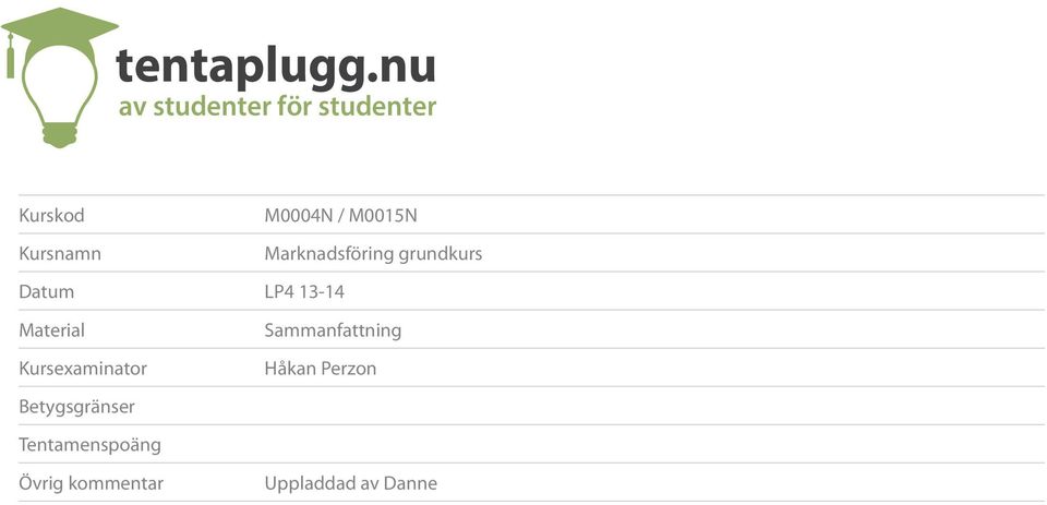 M0015N Marknadsföring grundkurs Datum LP4 1314 Material