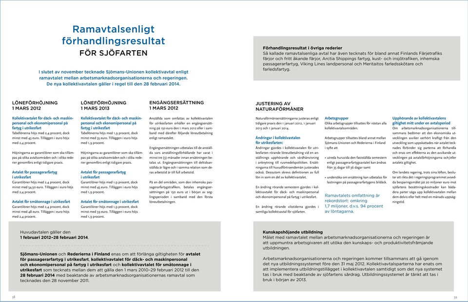 Förhandlingsresultat i övriga rederier Så kallade ramavtalsenliga avtal har även tecknats för bland annat Finlands Färjetrafiks färjor och fritt åkande färjor, Arctia Shippings fartyg, kust- och