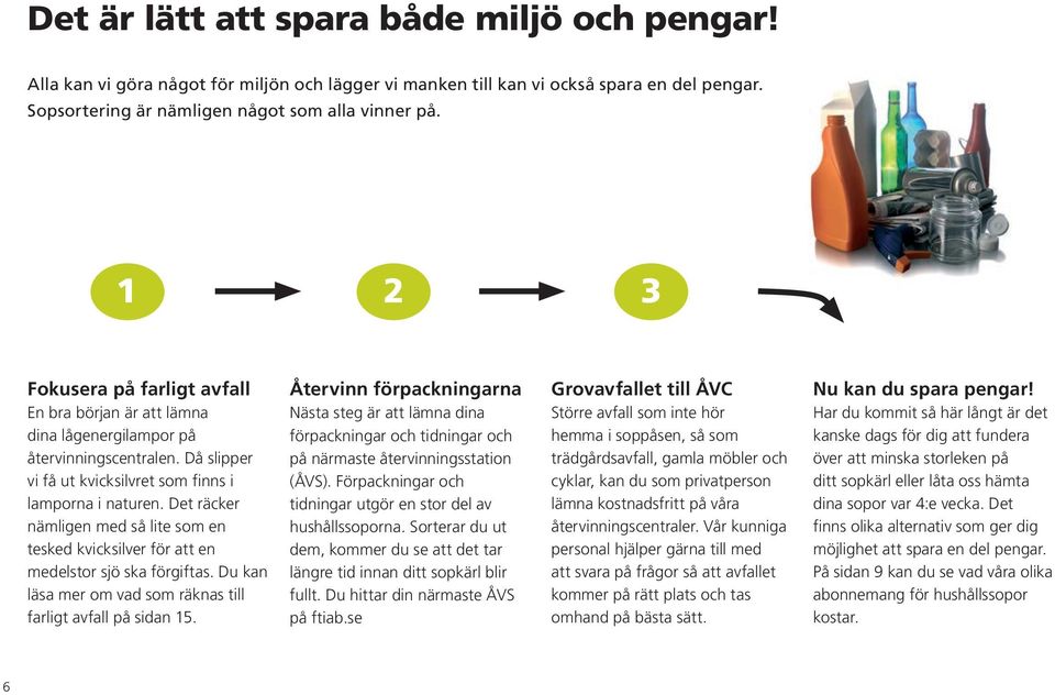 Det räcker nämligen med så lite som en tesked kvicksilver för att en medelstor sjö ska förgiftas. Du kan läsa mer om vad som räknas till farligt avfall på sidan 15.