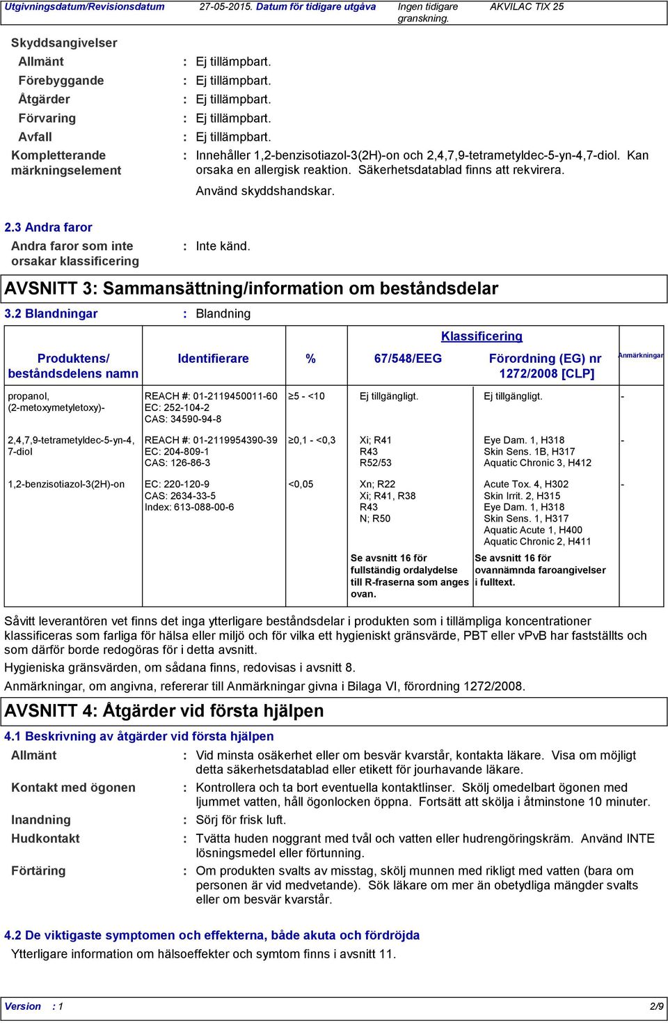 Säkerhetsdatablad finns att rekvirera. Använd skyddshandskar. 2.3 Andra faror Andra faror som inte orsakar klassificering Produktens/ beståndsdelens namn Inte känd.