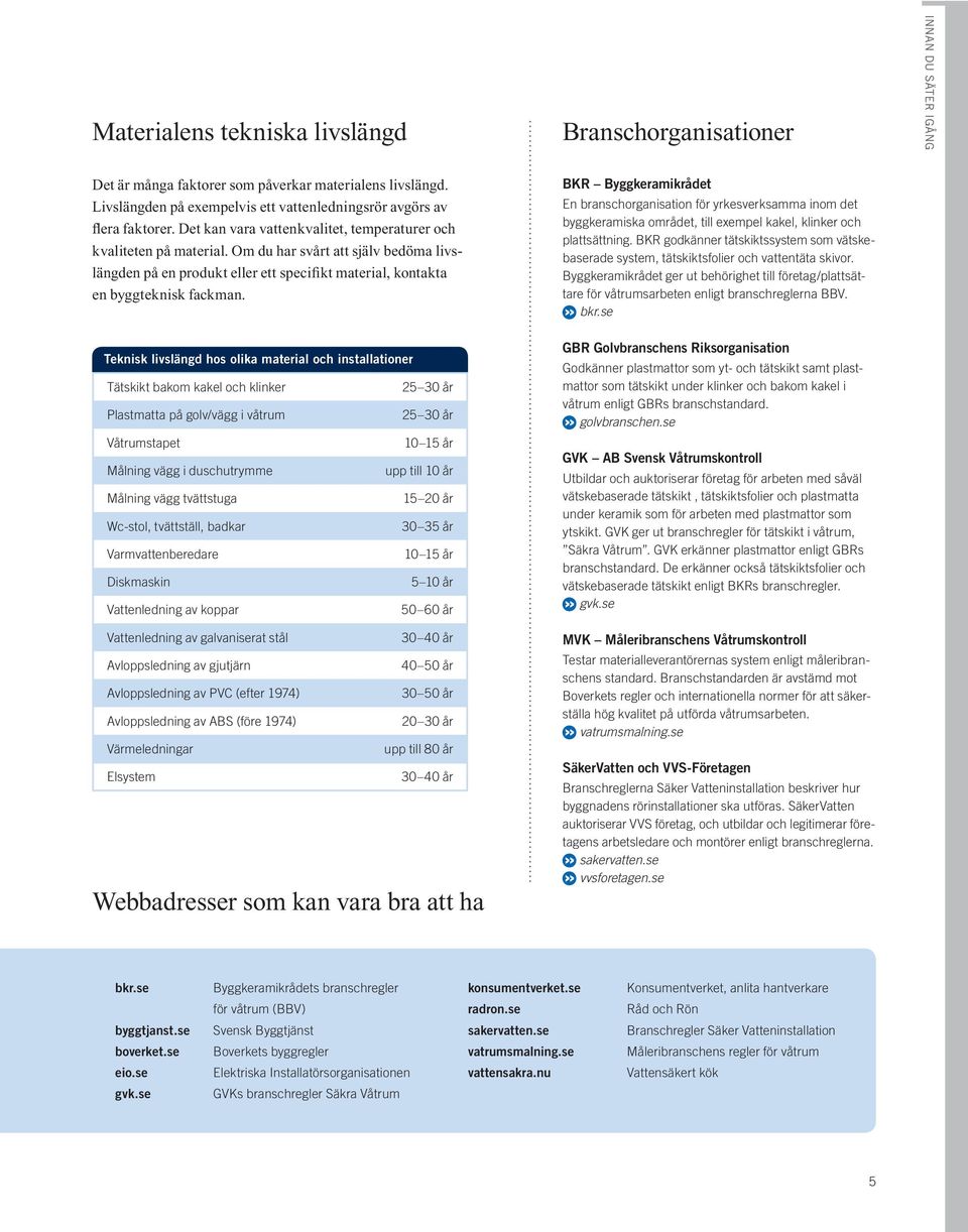 Om du har svårt att själv bedöma livslängden på en produkt eller ett specifikt material, kontakta en byggteknisk fackman.