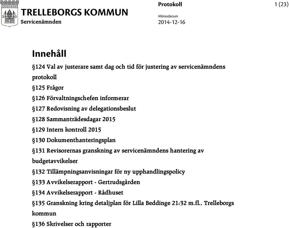 131 Revisorernas granskning av servicenämndens hantering av budgetavvikelser 132 Tillämpningsanvisningar för ny upphandlingspolicy 133