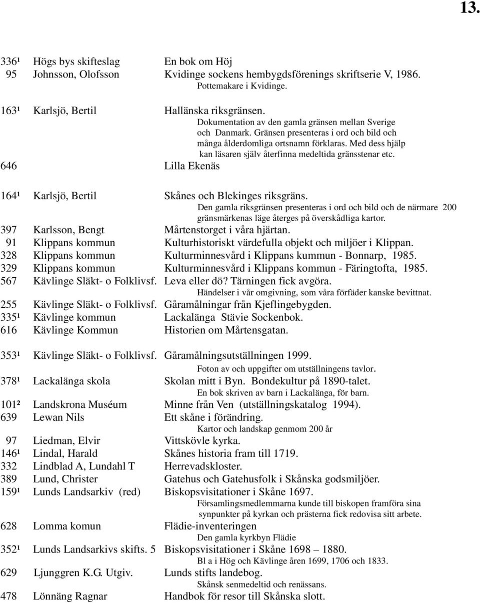 Med dess hjälp kan läsaren själv återfinna medeltida gränsstenar etc. 646 Lilla Ekenäs 164¹ Karlsjö, Bertil Skånes och Blekinges riksgräns.