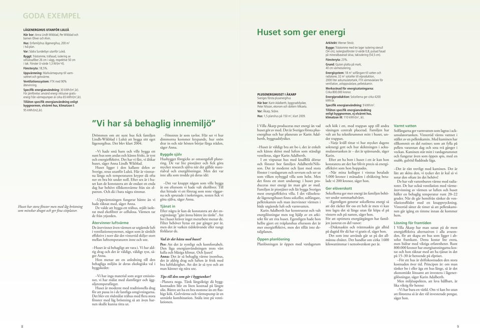 Uppvärmning: Markvärmepump till varmvattnet och golvvärme. Ventilationssystem: FTX med 90% återvinning. Specifik energianvändning: 30 kwh/(m 2,år).