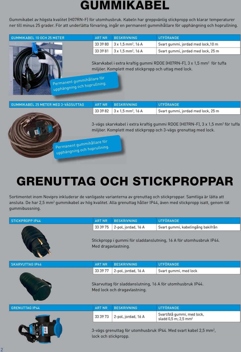GUMMIKABEL 10 OCH 25 METER ART NR BESKRIVNING UTFÖRANDE 33 39 80 3 x 1,5 mm 2, 16 A Svart gummi, jordad med lock,10 m 33 39 81 3 x 1,5 mm 2, 16 A Svart gummi, jordad med lock, 25 m Skarvkabel i extra