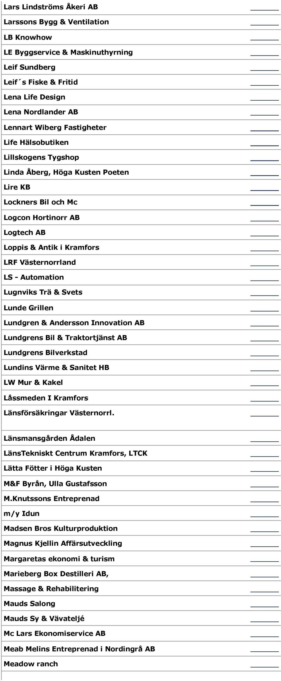 Trä & Svets Lunde Grillen Lundgren & Andersson Innovation AB Lundgrens Bil & Traktortjänst AB Lundgrens Bilverkstad Lundins Värme & Sanitet HB LW Mur & Kakel Låssmeden I Kramfors Länsförsäkringar