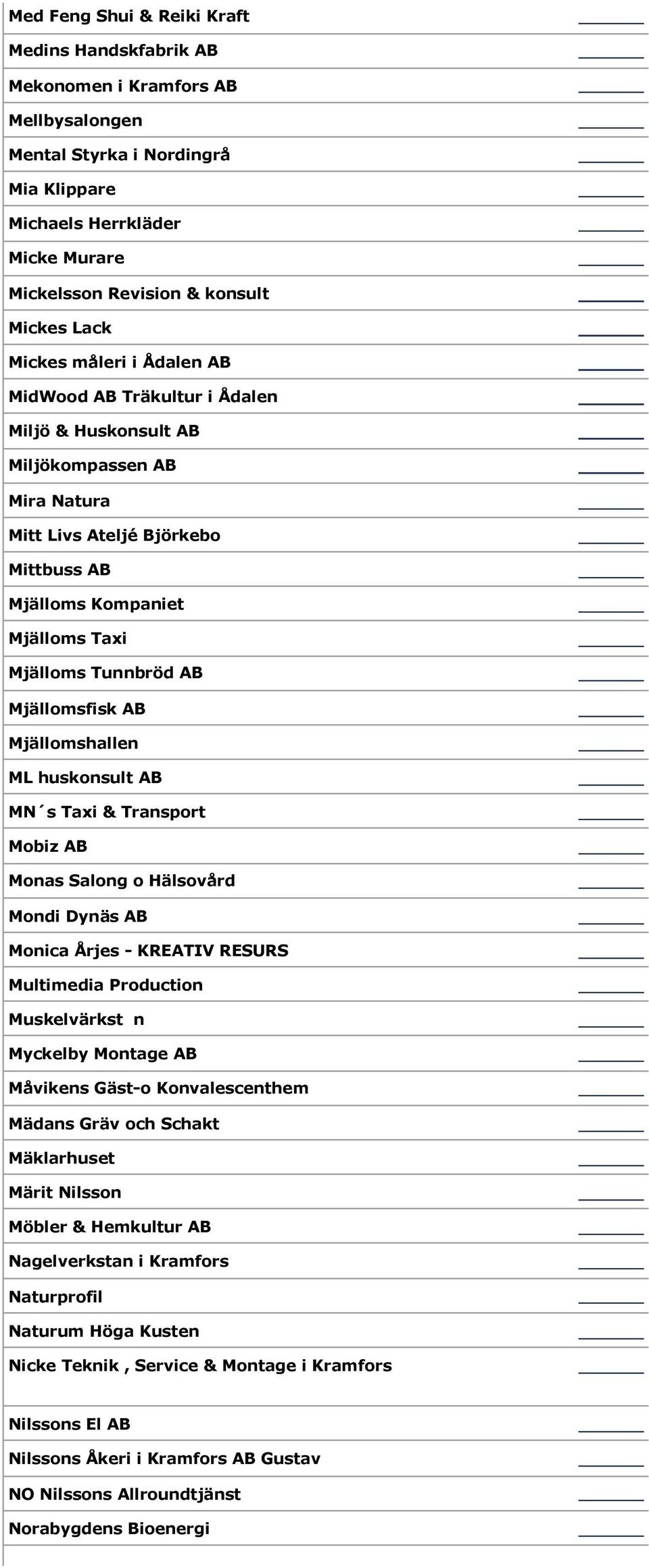 Tunnbröd AB Mjällomsfisk AB Mjällomshallen ML huskonsult AB MN s Taxi & Transport Mobiz AB Monas Salong o Hälsovård Mondi Dynäs AB Monica Årjes - KREATIV RESURS Multimedia Production Muskelvärkstn