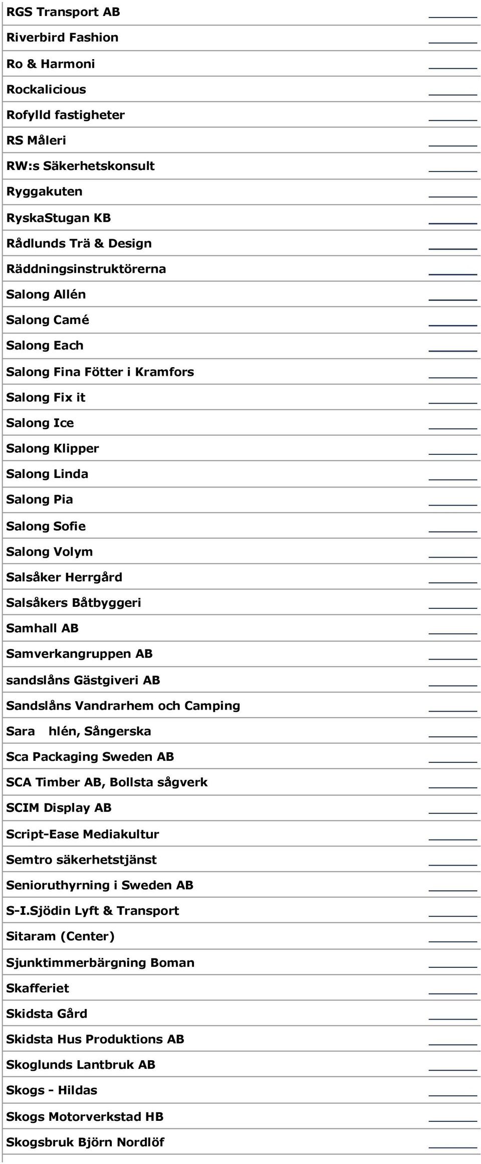 Samverkangruppen AB sandslåns Gästgiveri AB Sandslåns Vandrarhem och Camping Sara hlén, Sångerska Sca Packaging Sweden AB SCA Timber AB, Bollsta sågverk SCIM Display AB Script-Ease Mediakultur Semtro