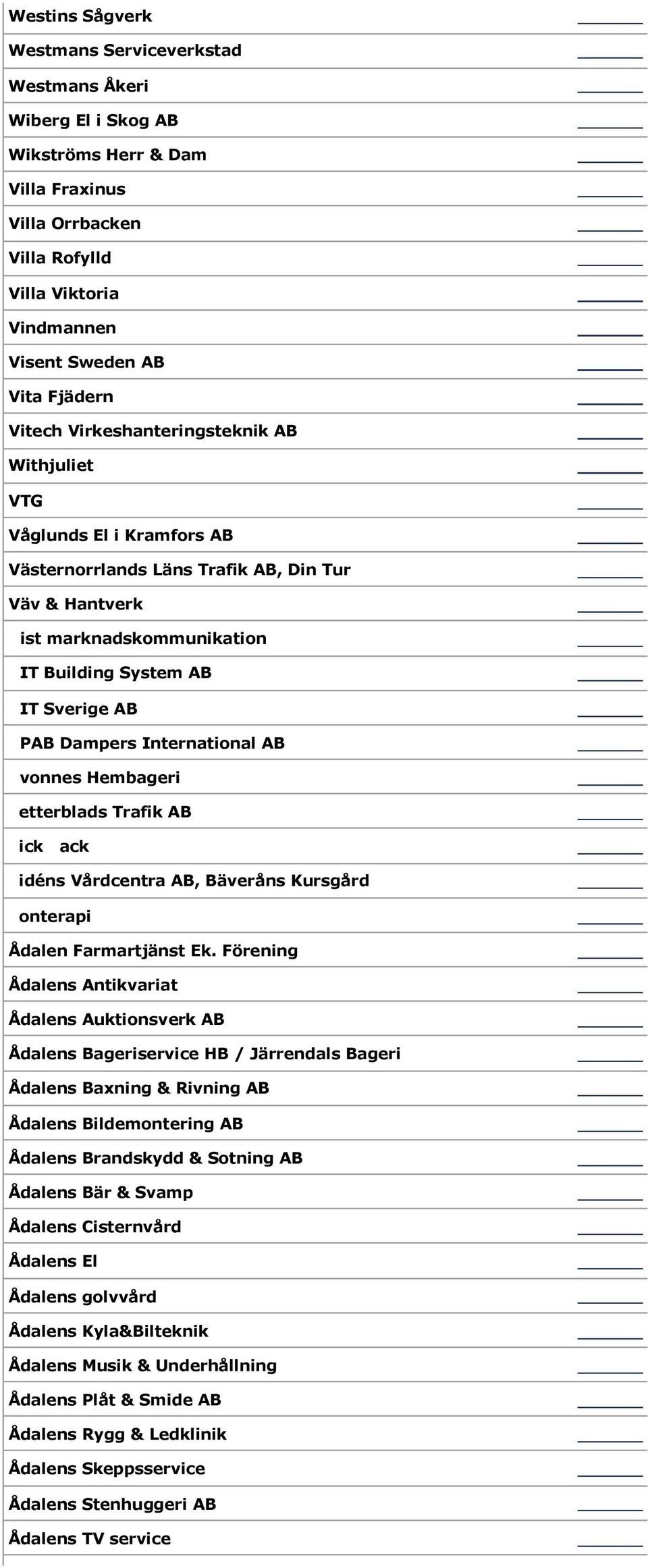 Dampers International AB vonnes Hembageri etterblads Trafik AB ick ack idéns Vårdcentra AB, Bäveråns Kursgård onterapi Ådalen Farmartjänst Ek.