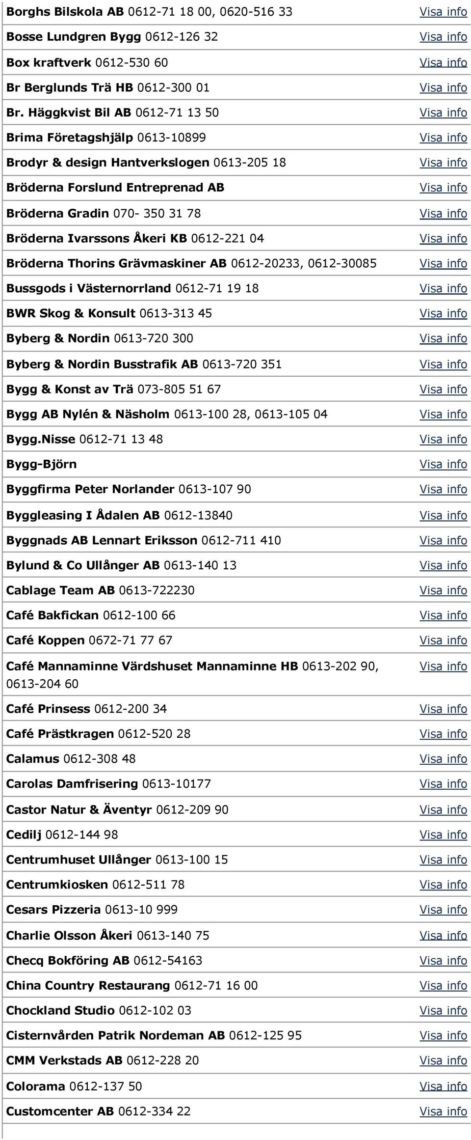 0612-221 04 Bröderna Thorins Grävmaskiner AB 0612-20233, 0612-30085 Bussgods i Västernorrland 0612-71 19 18 BWR Skog & Konsult 0613-313 45 Byberg & Nordin 0613-720 300 Byberg & Nordin Busstrafik AB