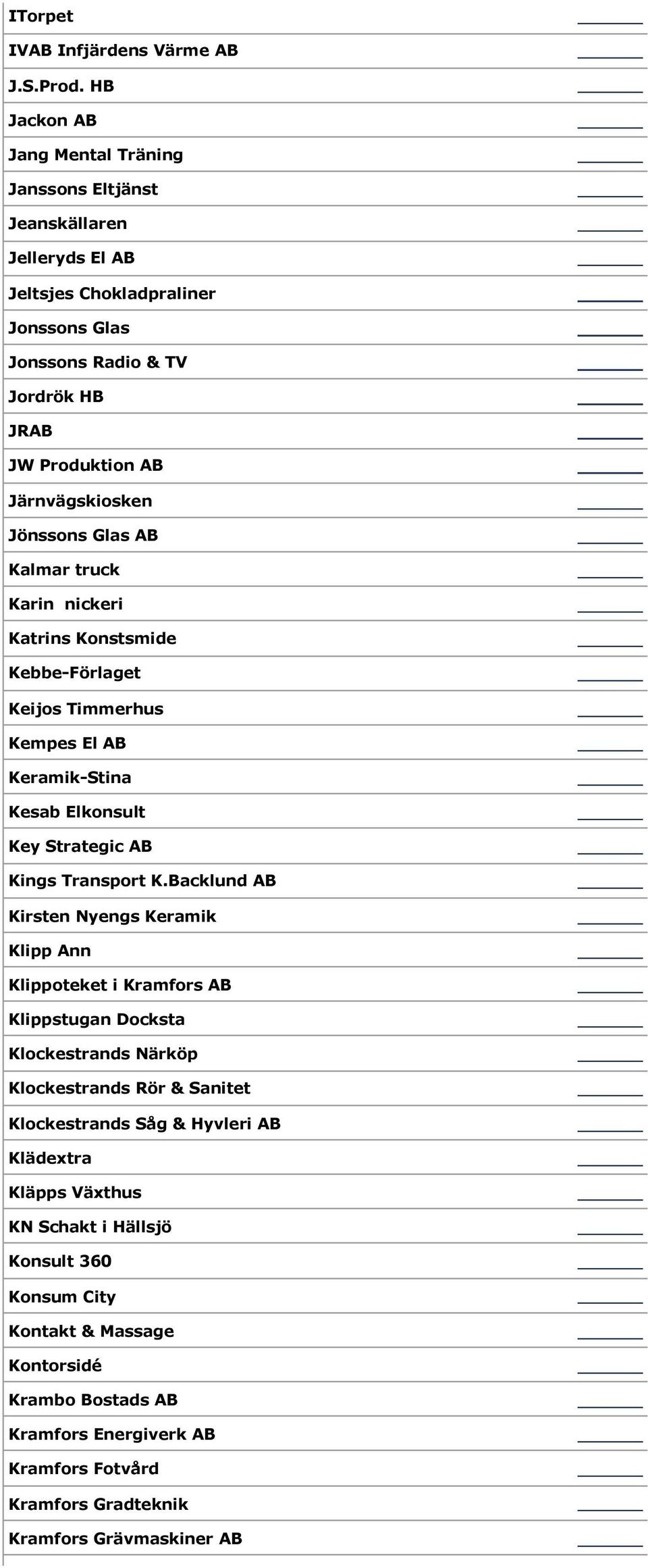 Jönssons Glas AB Kalmar truck Karinnickeri Katrins Konstsmide Kebbe-Förlaget Keijos Timmerhus Kempes El AB Keramik-Stina Kesab Elkonsult Key Strategic AB Kings Transport K.