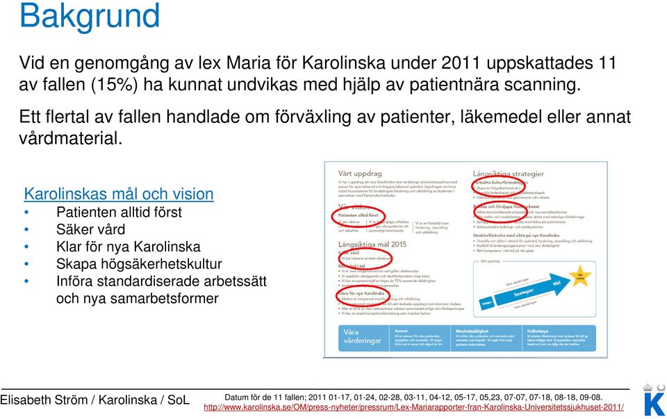 Karolinskas mål och vision Patienten alltid först Säker vård Klar för nya Karolinska Skapa högsäkerhetskultur Införa standardiserade arbetssätt och nya