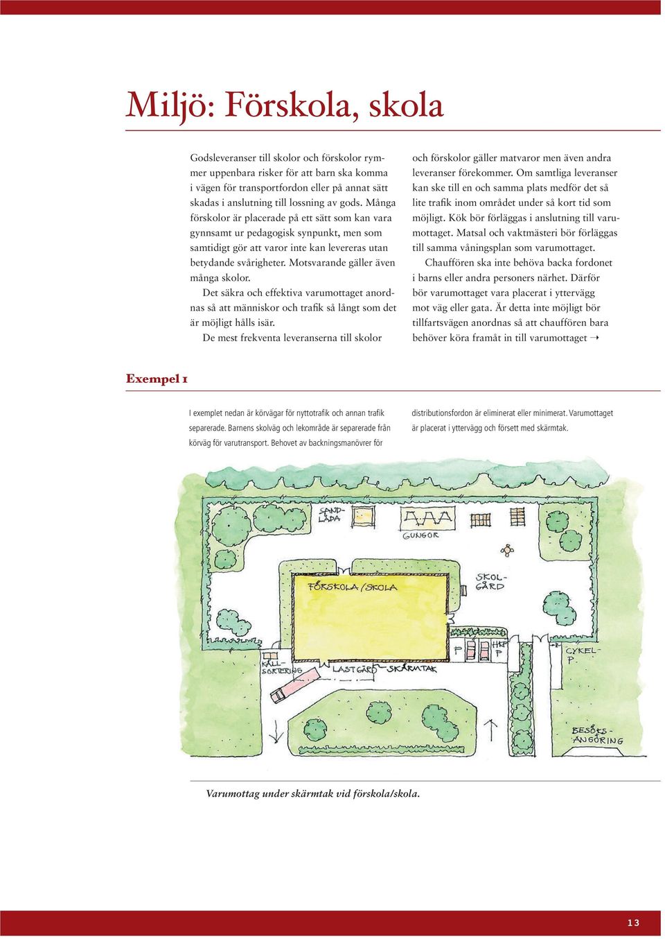 Motsvarande gäller även många skolor. Det säkra och effektiva varumottaget anordnas så att människor och trafik så långt som det är möjligt hålls isär.