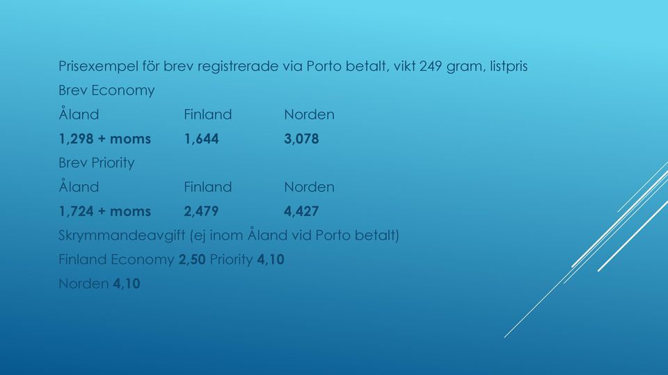 Priority Åland Finland Norden 1,724 + moms 2,479 4,427 Skrymmandeavgift