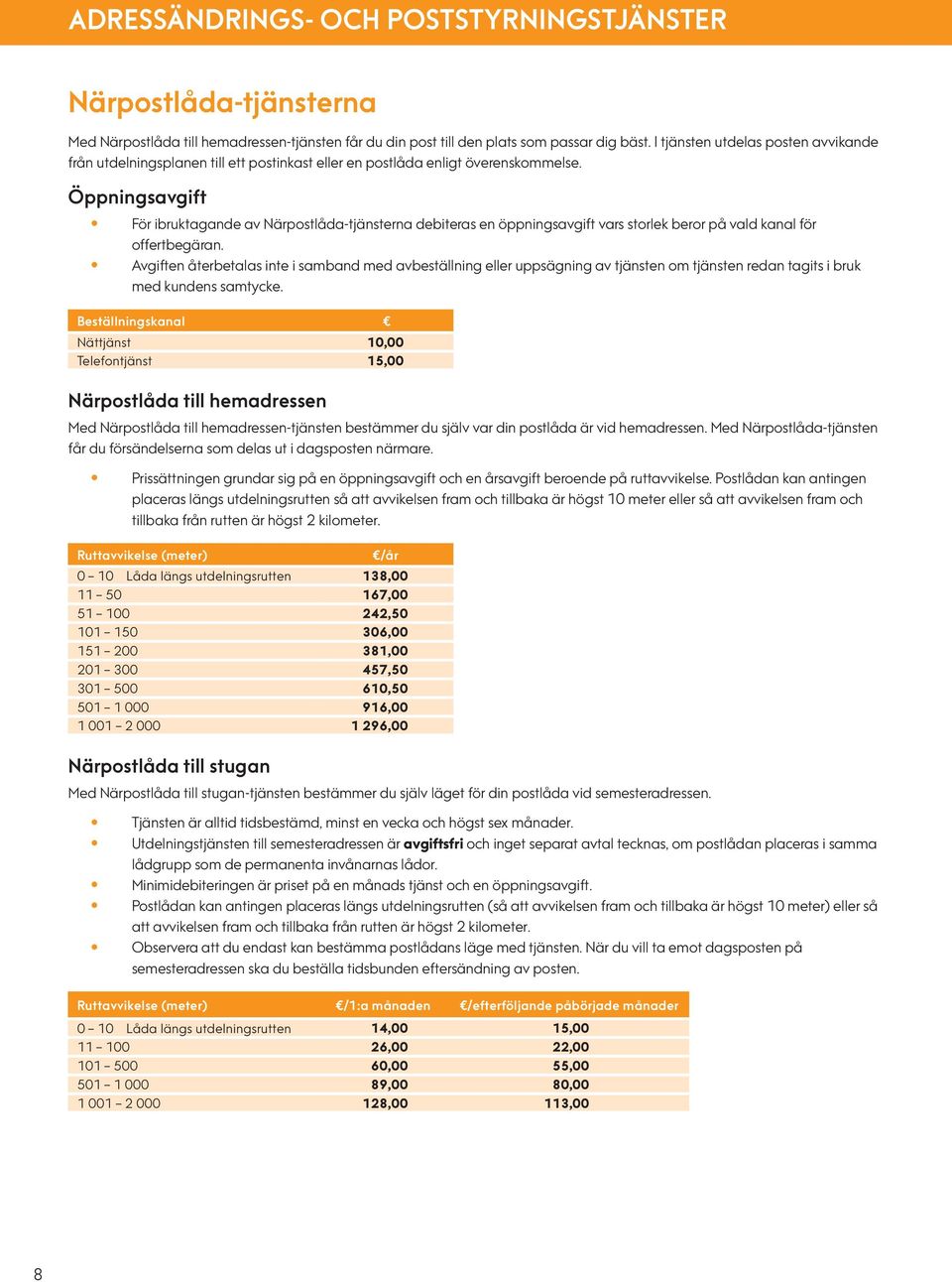 Öppningsavgift För ibruktagande av Närpostlåda-tjänsterna debiteras en öppningsavgift vars storlek beror på vald kanal för offertbegäran.