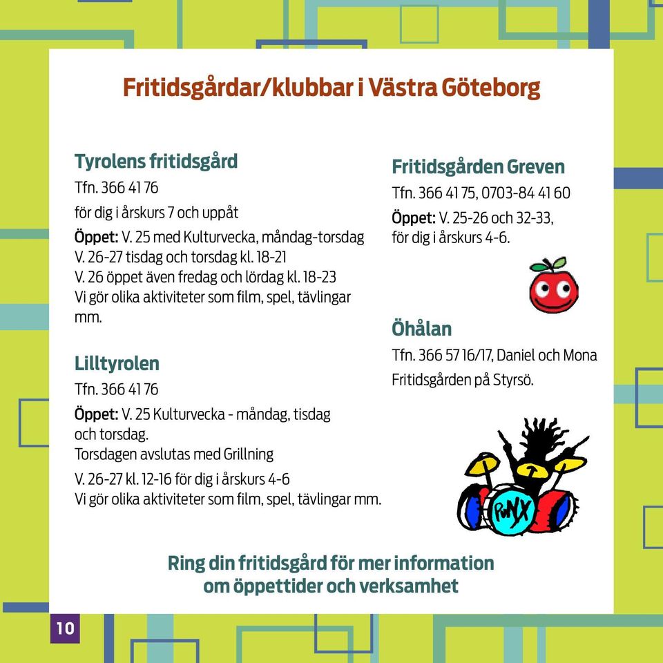 25-26 och 32-33, för dig i årskurs 4-6. Öhålan Tfn. 366 57 16/17, Daniel och Mona Lilltyrolen Fritidsgården på Styrsö. Tfn. 366 41 76 Öppet: V.