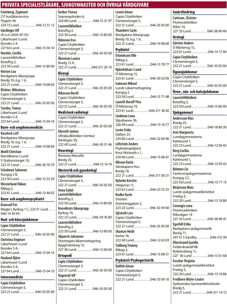 ...........046-14 08 60 Richter, Miloslava Tornbo, Tomas Bondev 5 A Barn- och ungdomsmedicin Knudsen Leif Bredgatans läkargrupp Bredg 10, ö.g. 1 tr, 222 21 Lund.