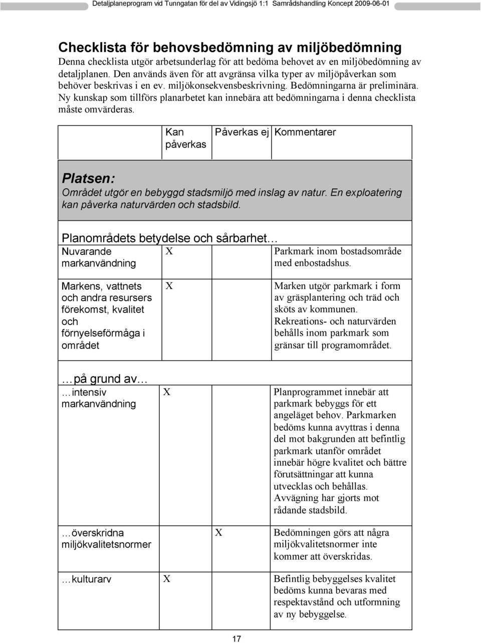 Ny kunskap som tillförs planarbetet kan innebära att bedömningarna i denna checklista måste omvärderas.