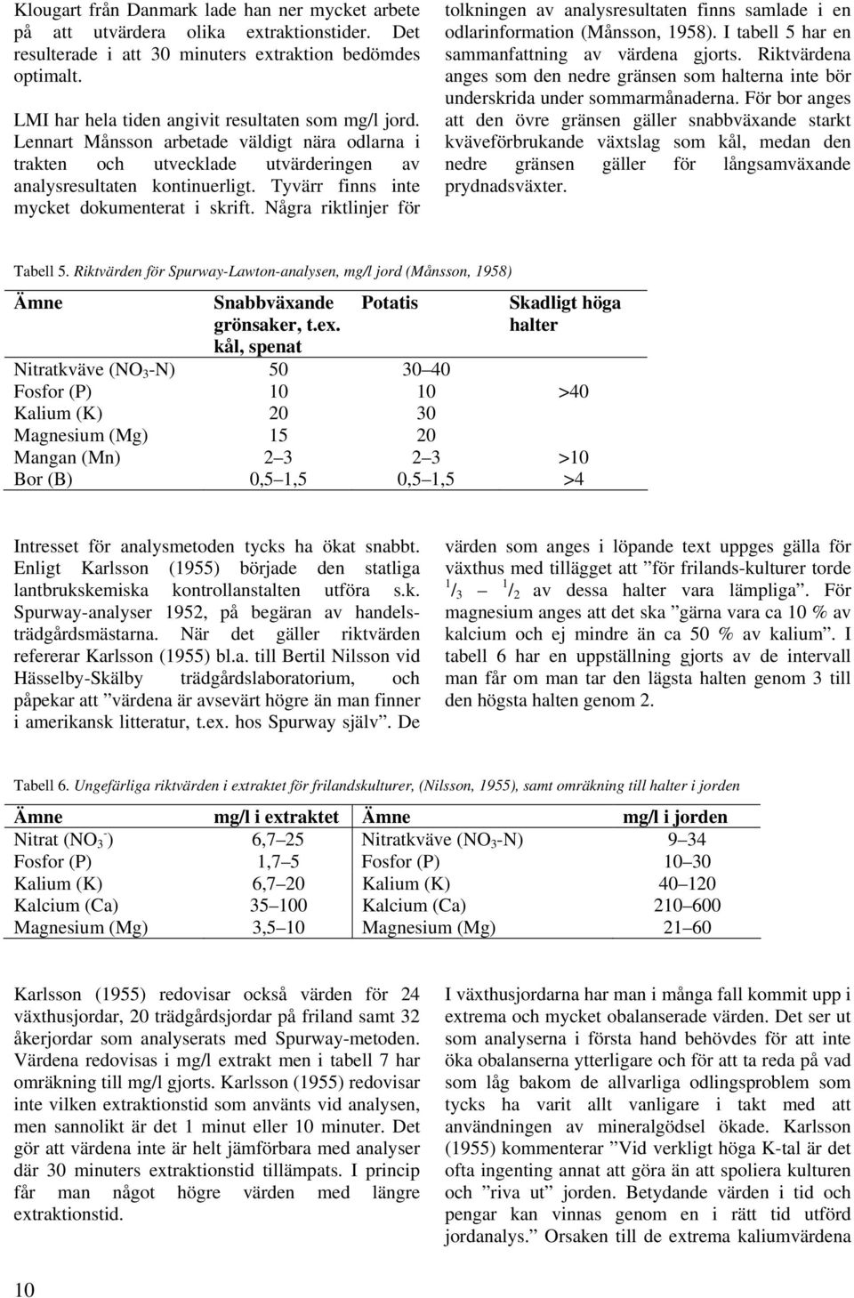 Tyvärr finns inte mycket dokumenterat i skrift. Några riktlinjer för tolkningen av analysresultaten finns samlade i en odlarinformation (Månsson, 8). I tabell har en sammanfattning av värdena gjorts.