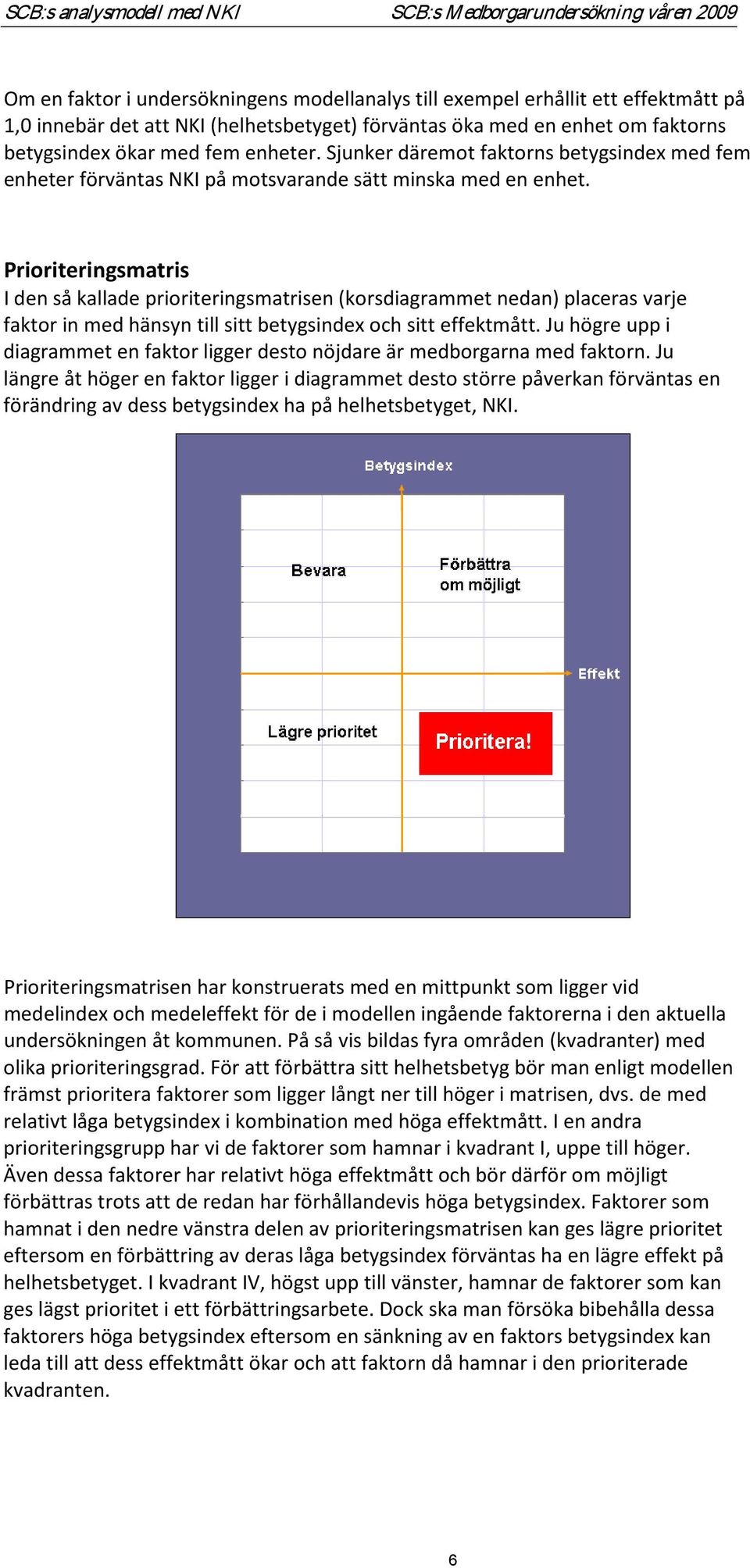 Prioriteringsmatris I den så kallade prioriteringsmatrisen (korsdiagrammet nedan) placeras varje faktor in med hänsyn till sitt betygsindex och sitt effektmått.