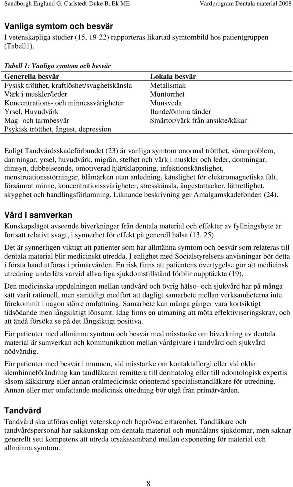 Psykisk trötthet, ångest, depression Lokala besvär Metallsmak Muntorrhet Munsveda Ilande/ömma tänder Smärtor/värk från ansikte/käkar Enligt Tandvårdsskadeförbundet (23) är vanliga symtom onormal