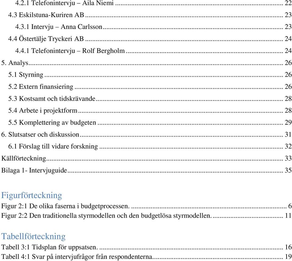 Slutsatser och diskussion... 31 6.1 Förslag till vidare forskning... 32 Källförteckning... 33 Bilaga 1- Intervjuguide... 35 Figurförteckning Figur 2:1 De olika faserna i budgetprocessen.