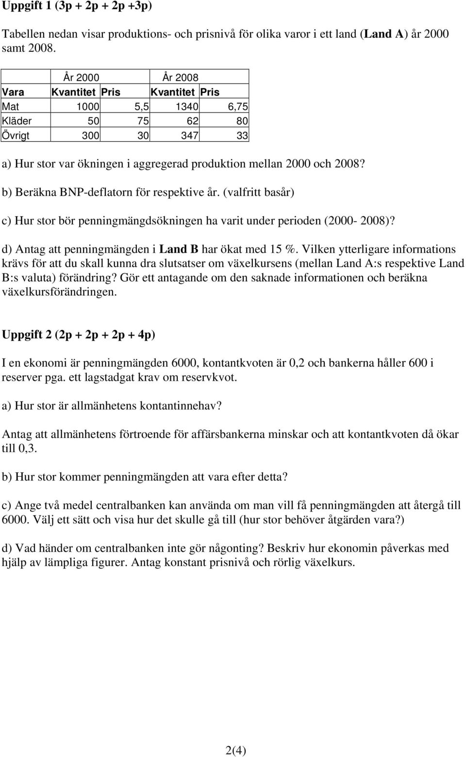 b) Beräkna BNP-deflatorn för respektive år. (valfritt basår) c) Hur stor bör penningmängdsökningen ha varit under perioden (2000-2008)? d) Antag att penningmängden i Land B har ökat med 15 %.